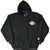 Front of black Starter hooded jacket with Los Angeles Lakers chest logo and striped trim