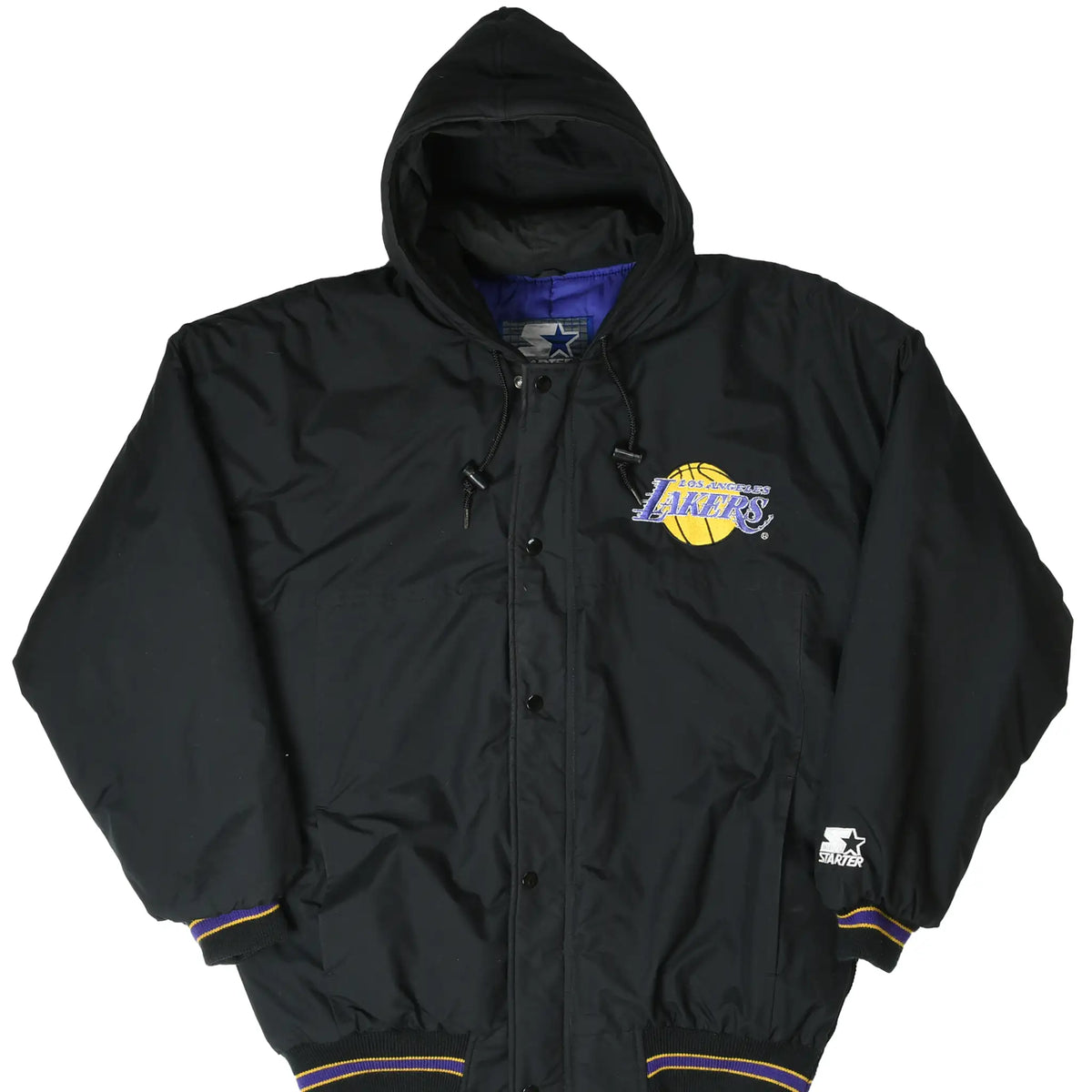 Front of black Starter hooded jacket with Los Angeles Lakers chest logo and striped trim
