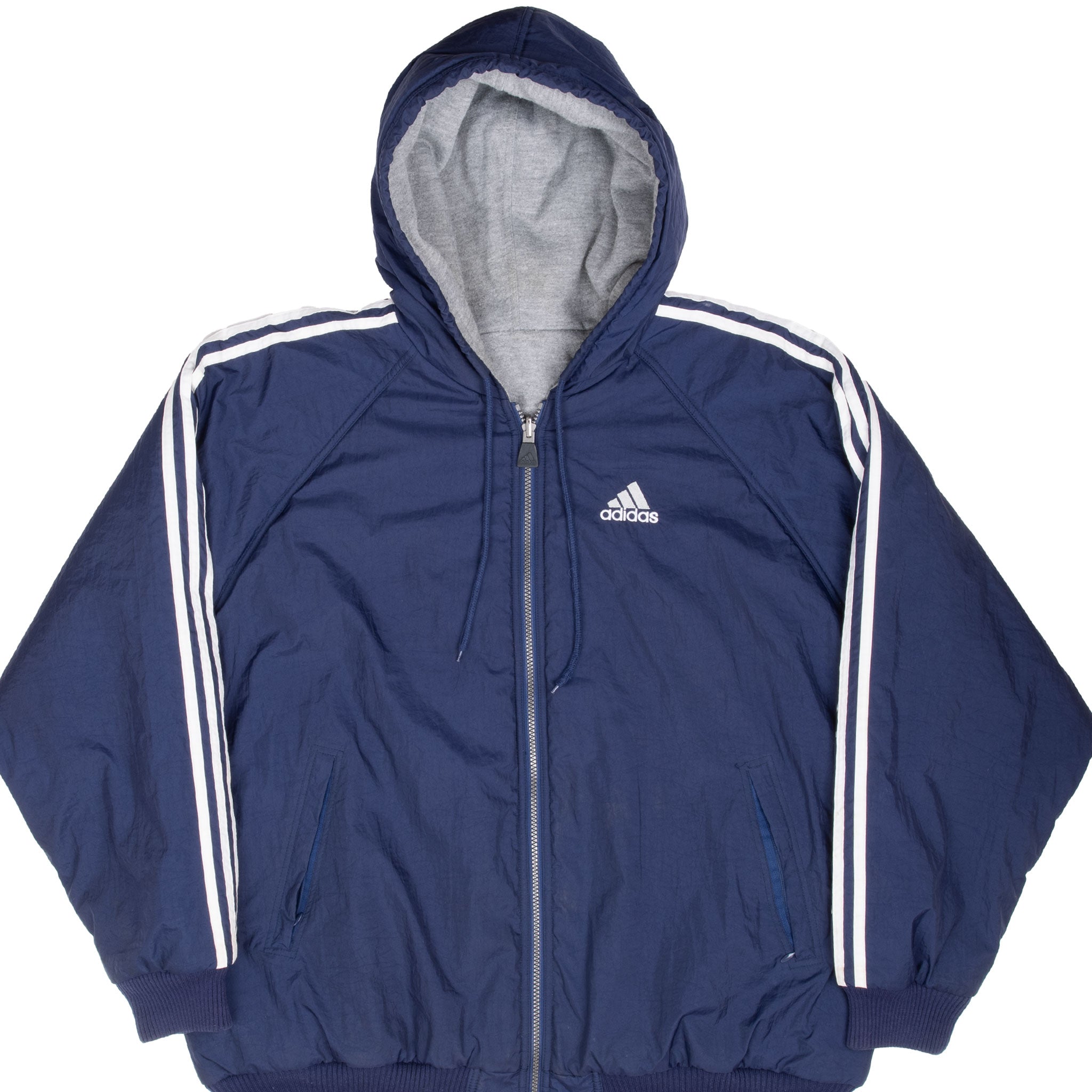 Vintage Adidas Reversible Nylon Blue Windbreaker Hooded Jacket 1990S Size XL