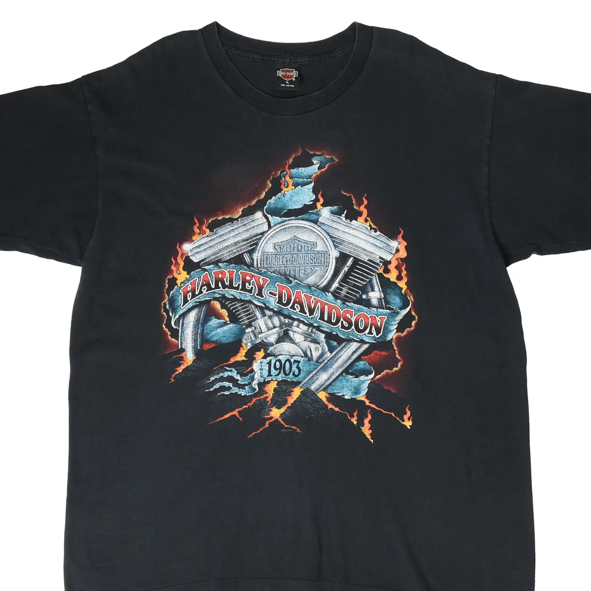 Front of black Harley-Davidson T-shirt with flaming motorcycle engine and 1903 graphic