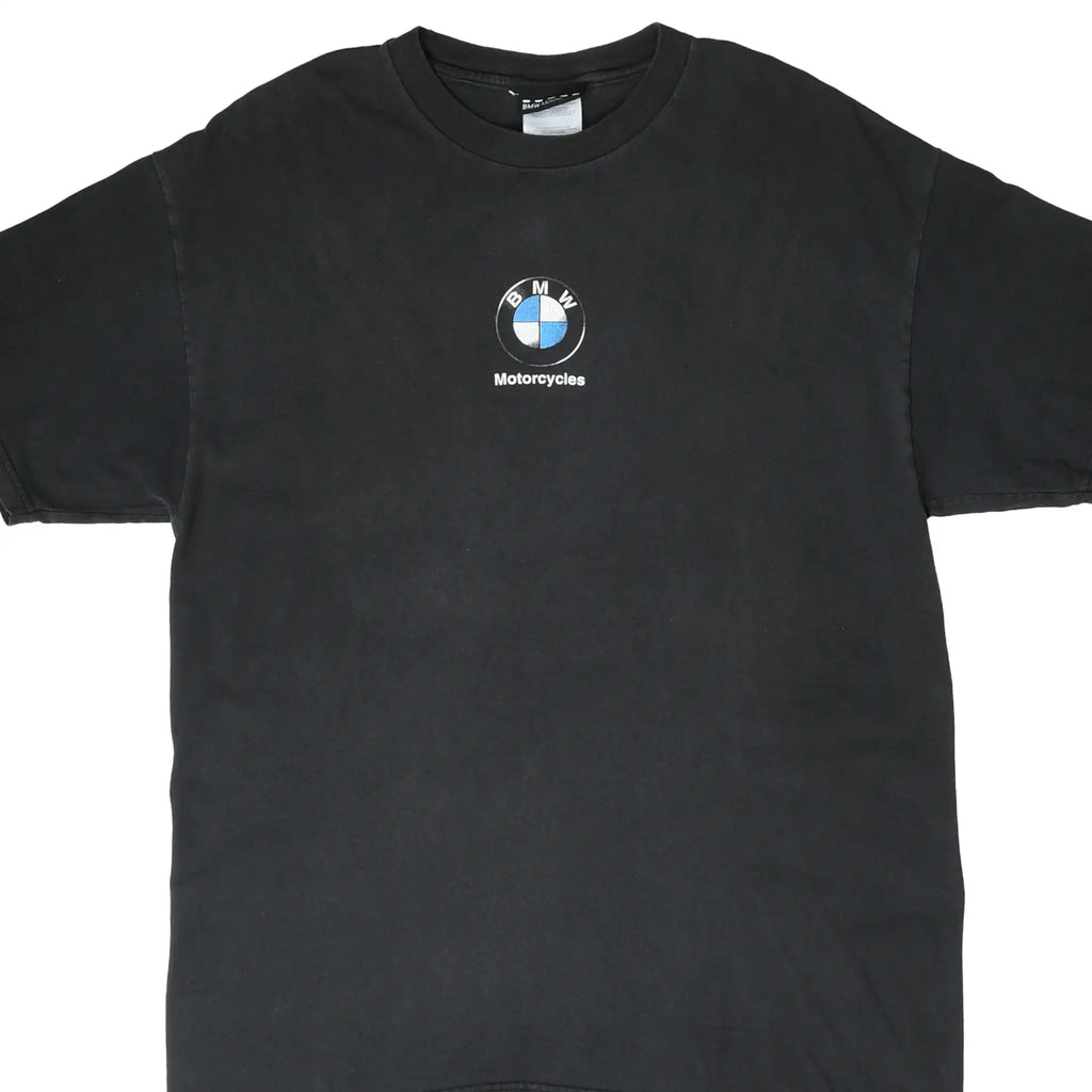 Front of black BMW Motorcycles T-shirt with small blue and white chest logo