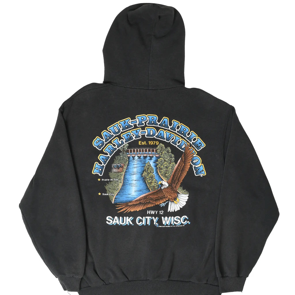 Back of black Harley-Davidson zip hoodie with Sauk-Prairie Wisconsin eagle and river graphic