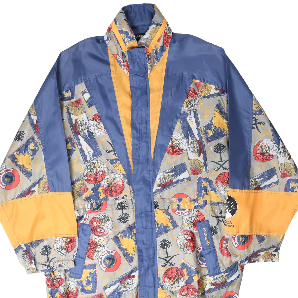 Front close-up of Adidas windbreaker with blue, yellow and multicolor map-print panels