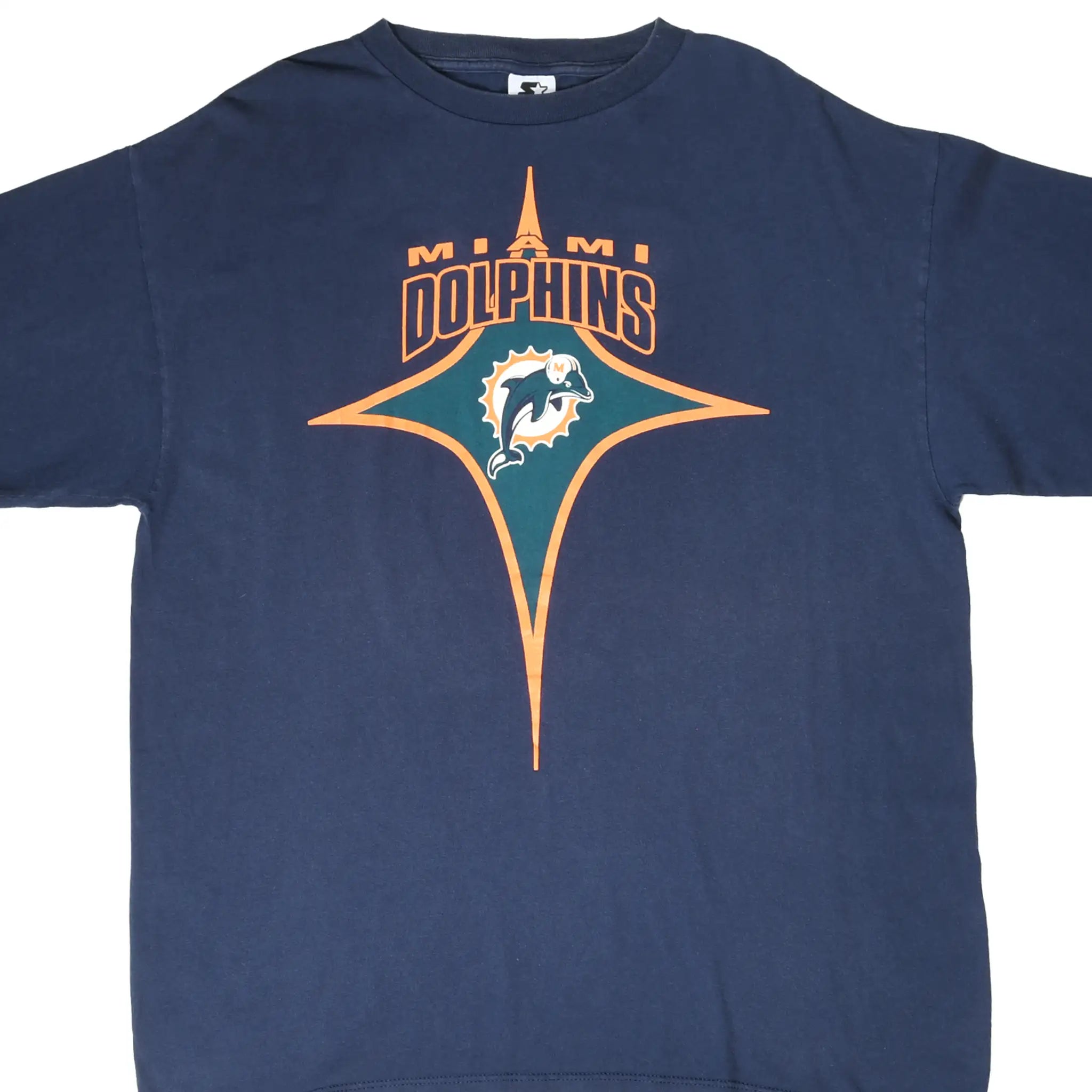 Front of navy Starter Miami Dolphins T-shirt with orange and teal logo graphic