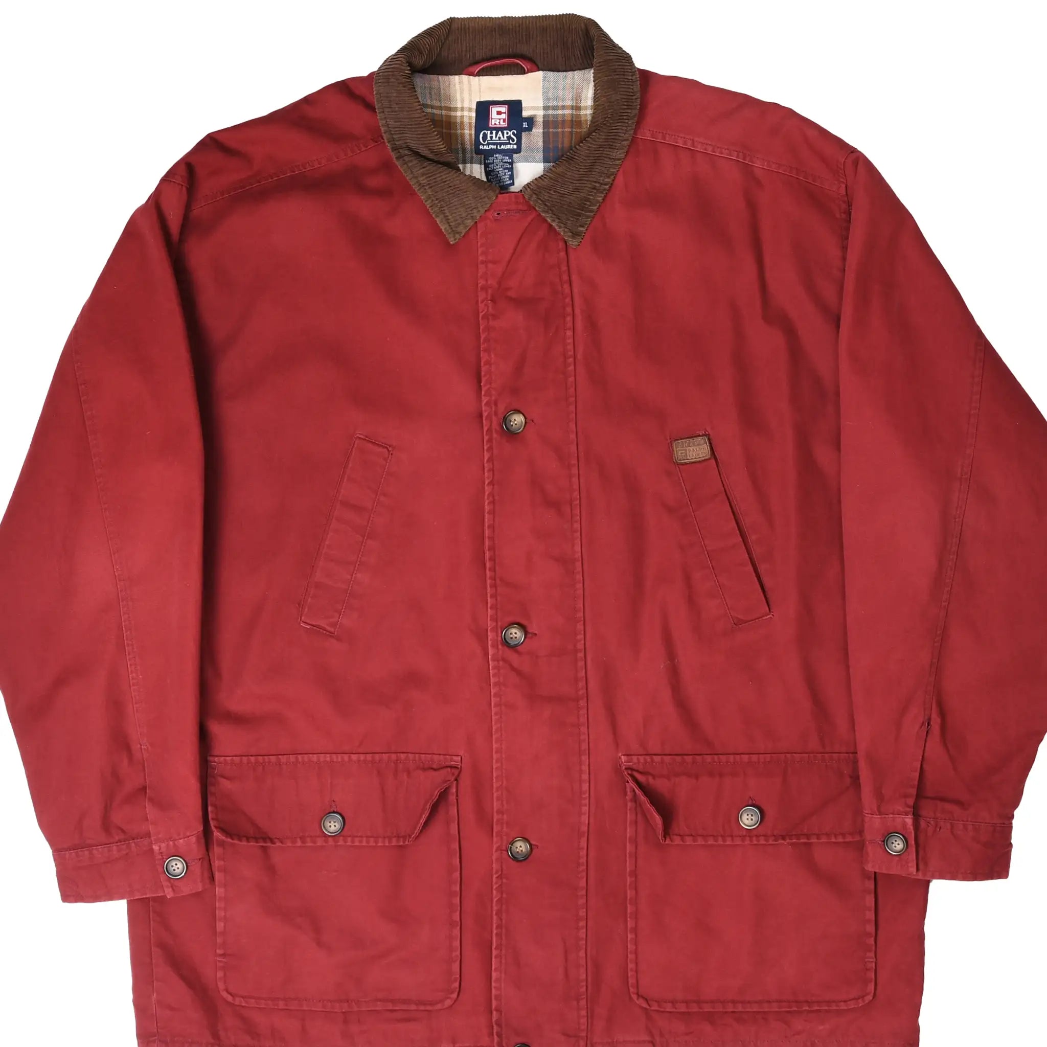 Front of red Chaps Ralph Lauren coat with brown corduroy collar and four pockets