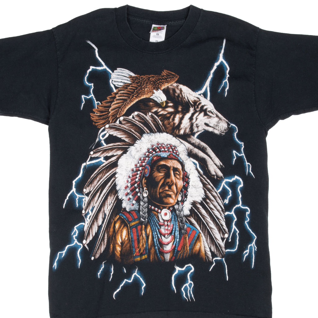 Vintage Animal Print Eagle Wolf Indian Chief Usa Thunder Tee Shirt 1990S Size Large With Single Stitch Sleeves