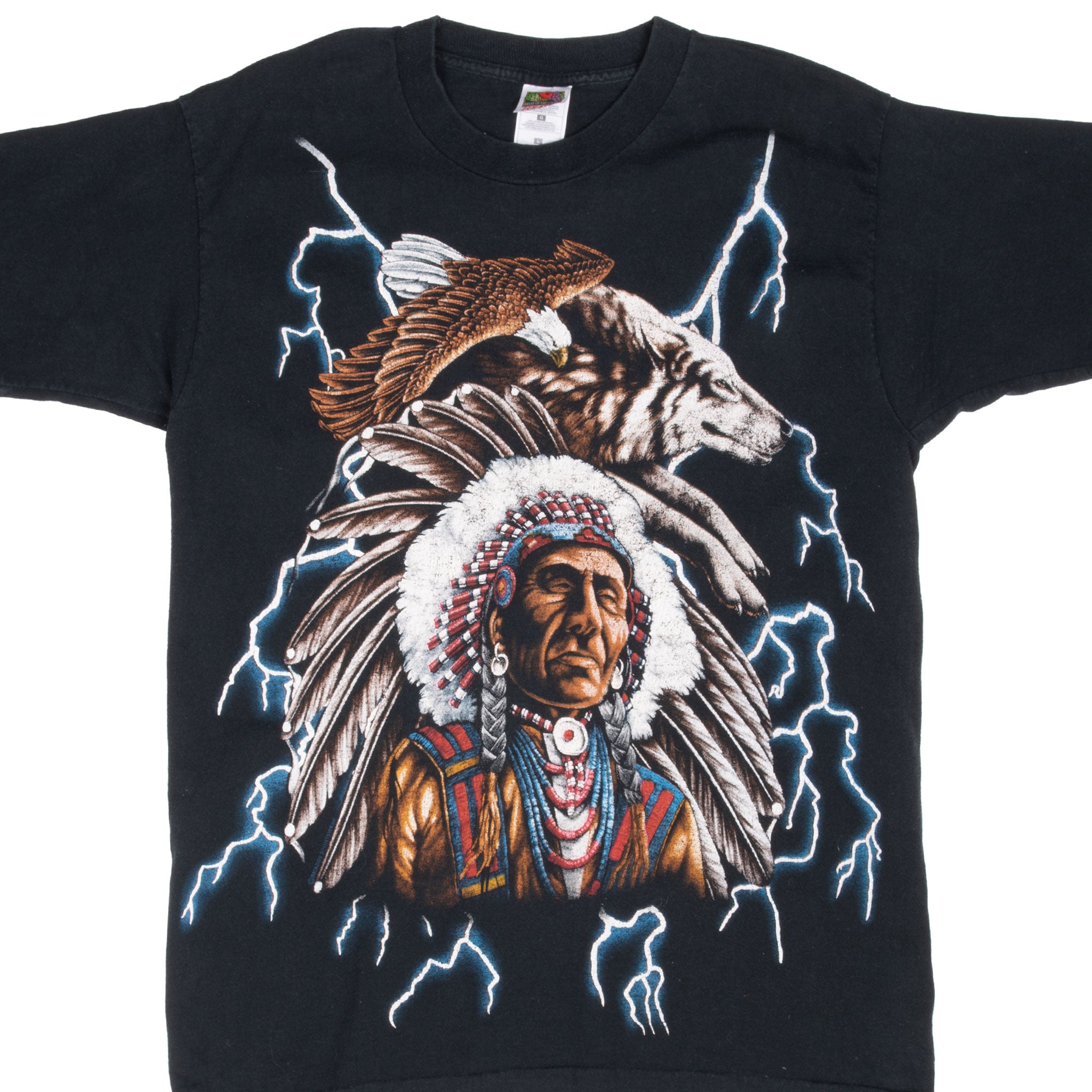 Vintage Animal Print Eagle Wolf Indian Chief Usa Thunder Tee Shirt 1990S Size Large With Single Stitch Sleeves