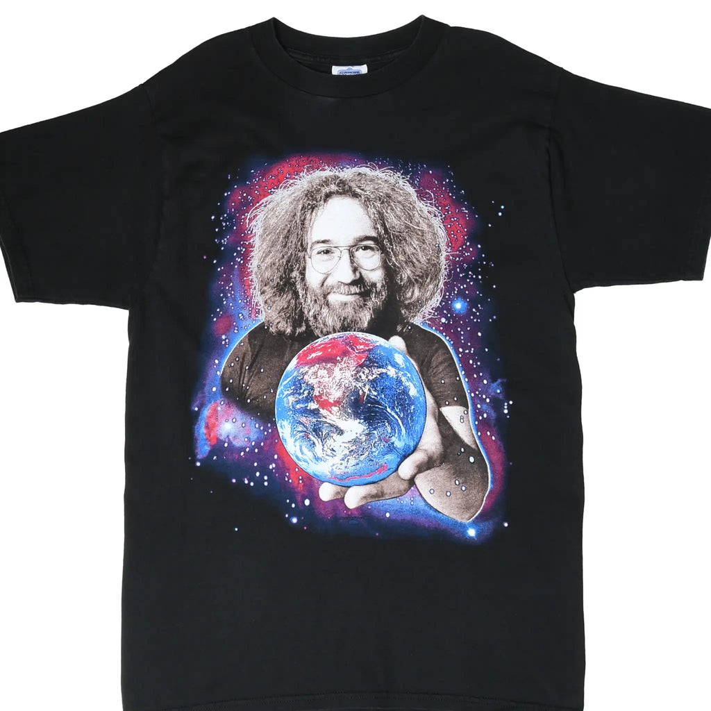 Front of black Jerry Garcia T-shirt with portrait, Earth, and red and blue cosmic graphic