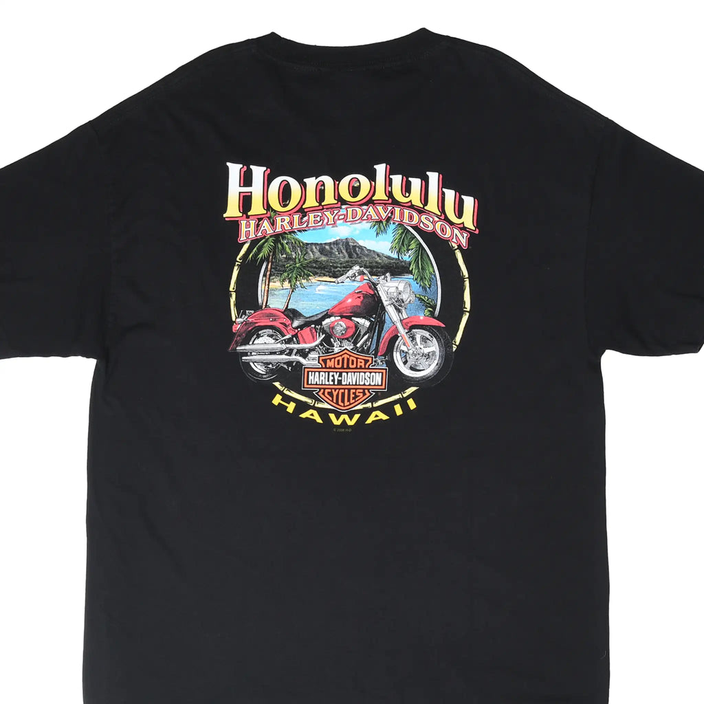 Back of black Harley-Davidson T-shirt with Honolulu Hawaii motorcycle and tropical beach graphic