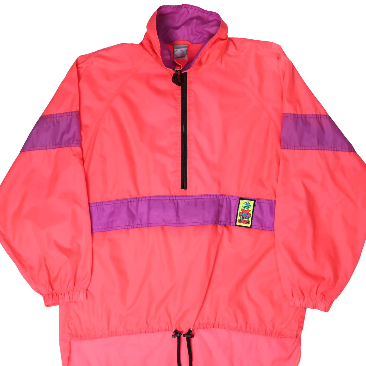Front of pink Ocean Pacific Xtreme Air pullover jacket with purple bands and black half zip