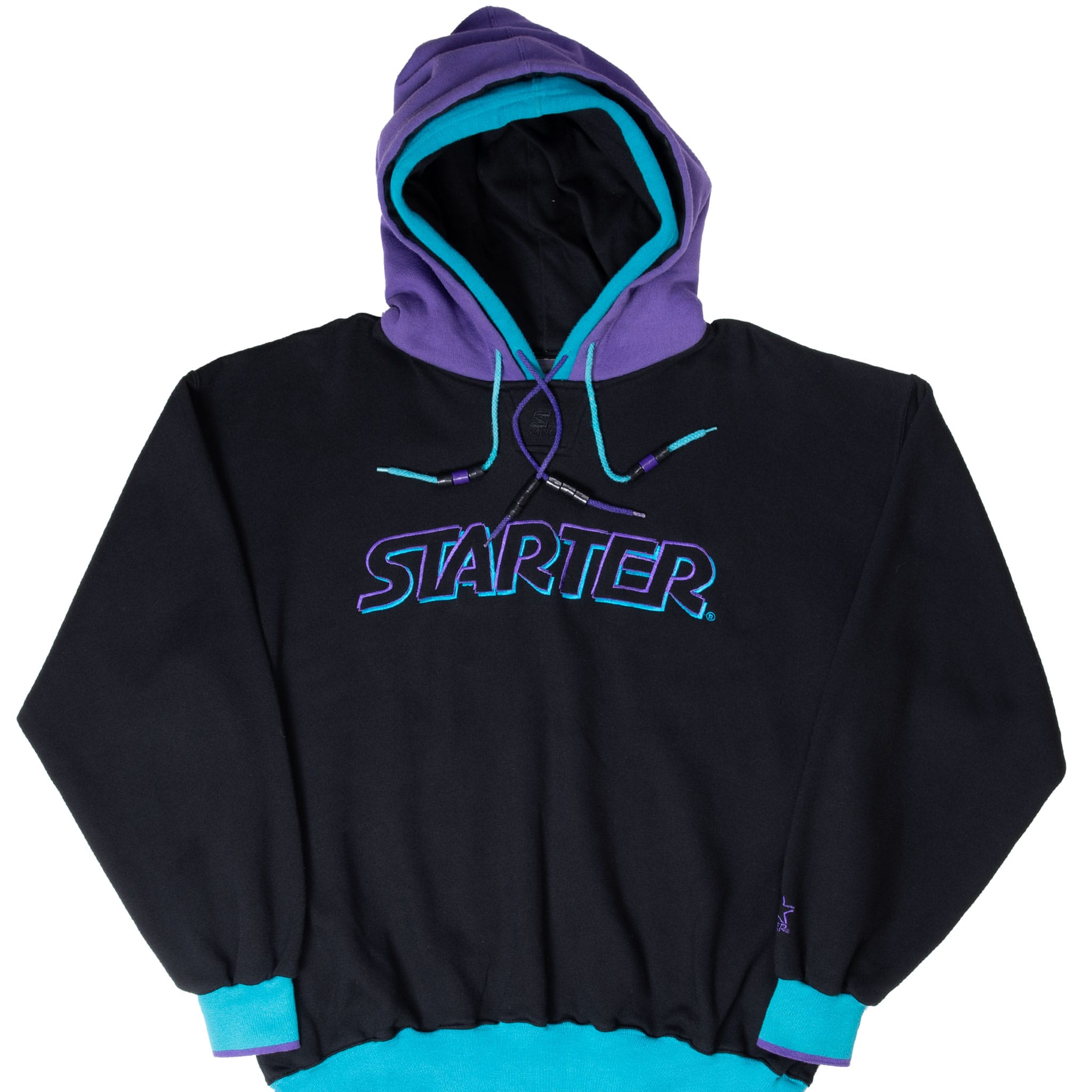 VINTAGE STARTER BLACK TEAL PURPLE DOUBLE HOODIE SWEATSHIRT 1990S SIZE XL