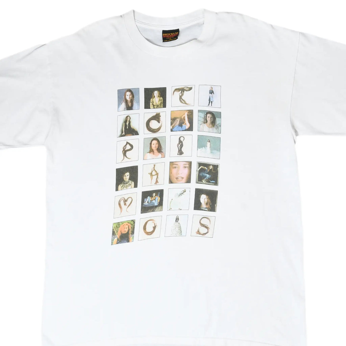 Front of white Tori Amos T-shirt with a grid of portraits and illustrated letters