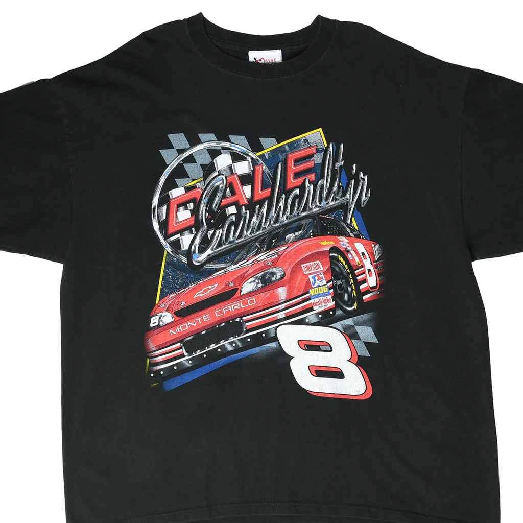 Front of black Dale Earnhardt Jr. NASCAR T-shirt with red No. 8 Monte Carlo graphic