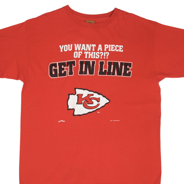 Vintage NFL Kansas City Chiefs You want a piece of this Get In Line 1994 Tee Shirt Size XL Made In USA With Single Stitch Sleeves