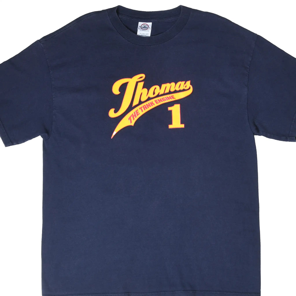 Close front view of navy Thomas the Tank Engine T-shirt with yellow and red Thomas 1 chest print