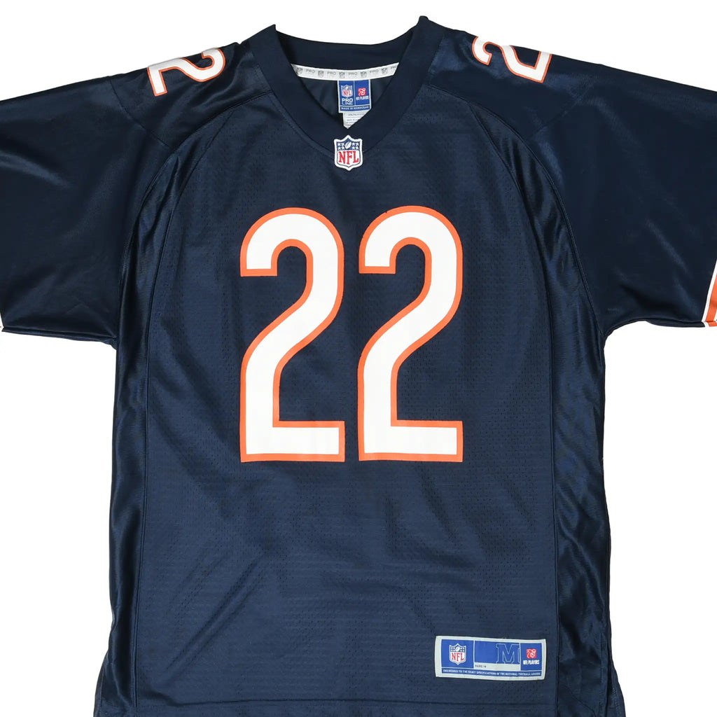 Front close-up of navy Chicago Bears Forte jersey with white and orange number 22