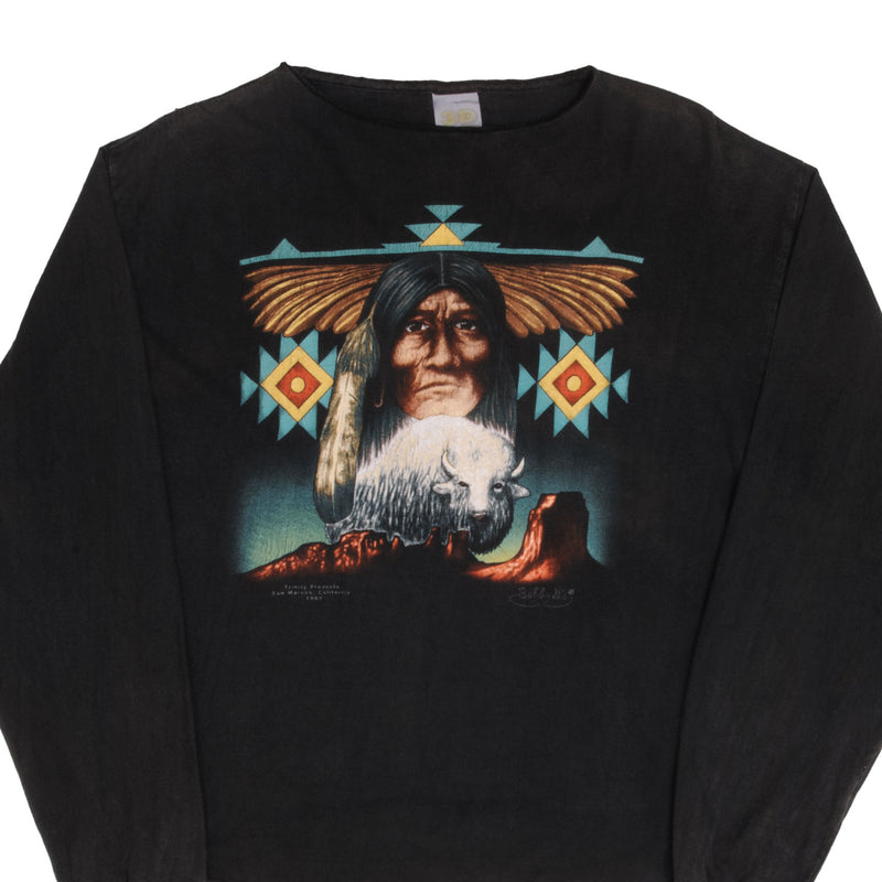 Vintage 3D Emblem American Indian Cropped Long Sleeve Tee Shirt 1989 Size Large Made In USA