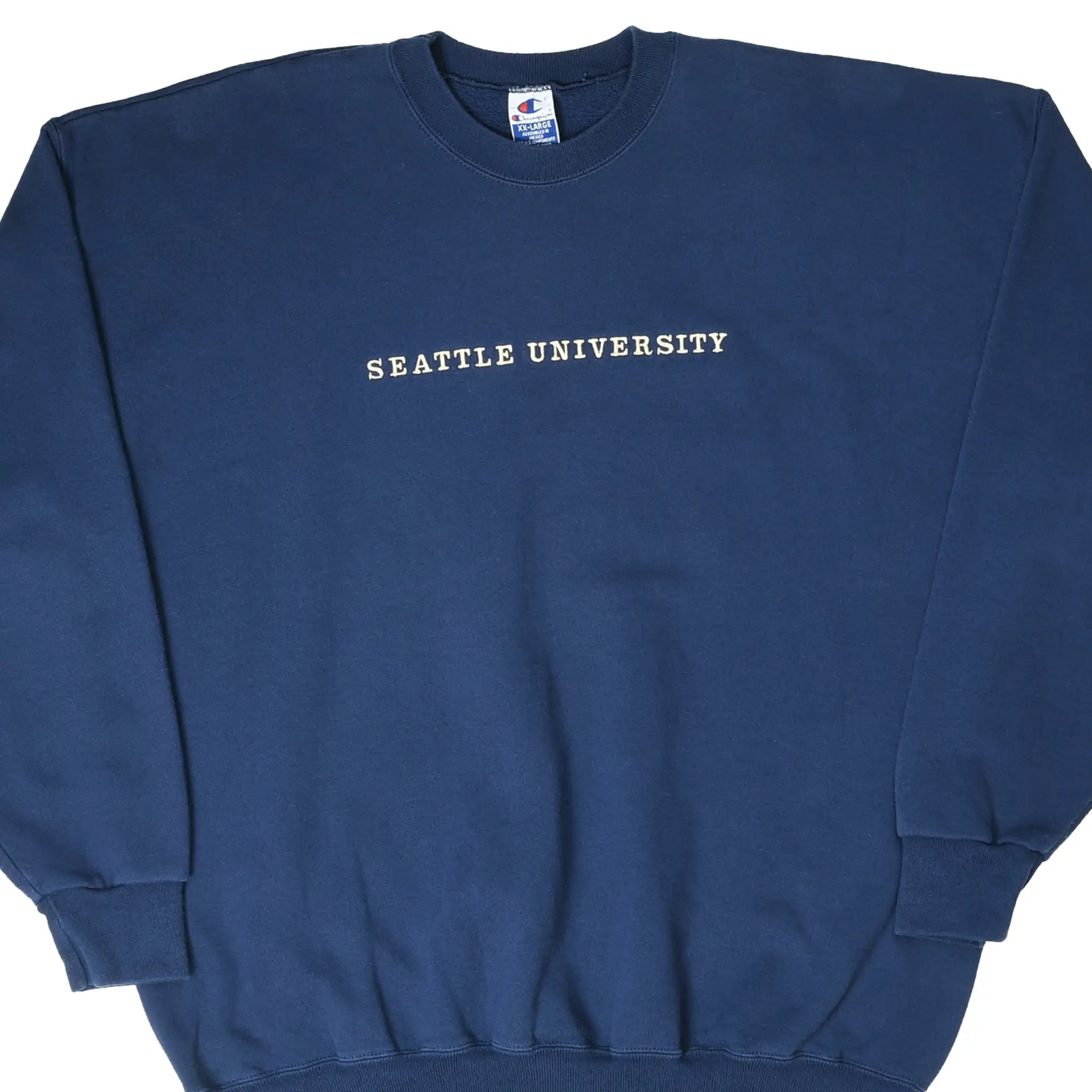 Front of navy Champion crewneck sweatshirt with Seattle University lettering