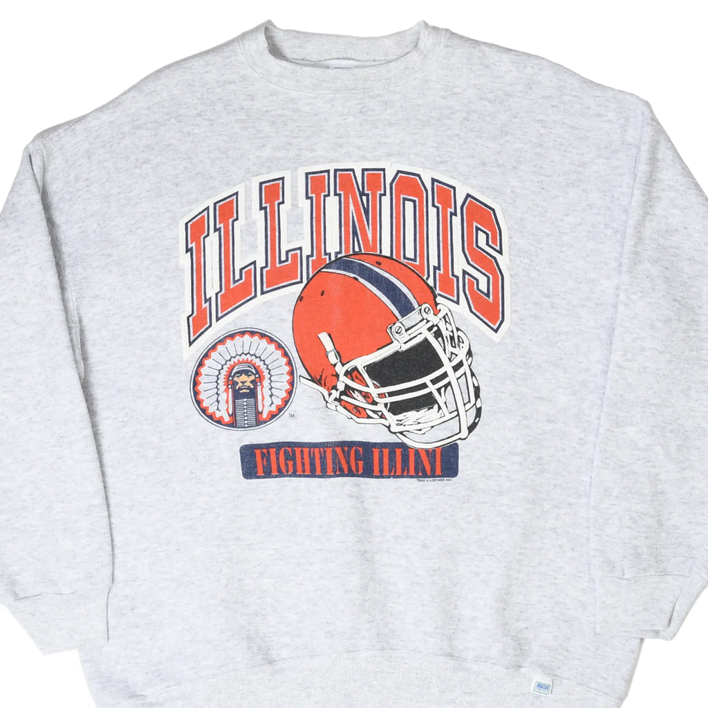 Front of grey Illinois Fighting Illini crewneck with orange helmet and team logo graphic