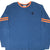 Front close-up of blue Nike long-sleeve T-shirt with orange collar, sleeve stripes, and chest logo
