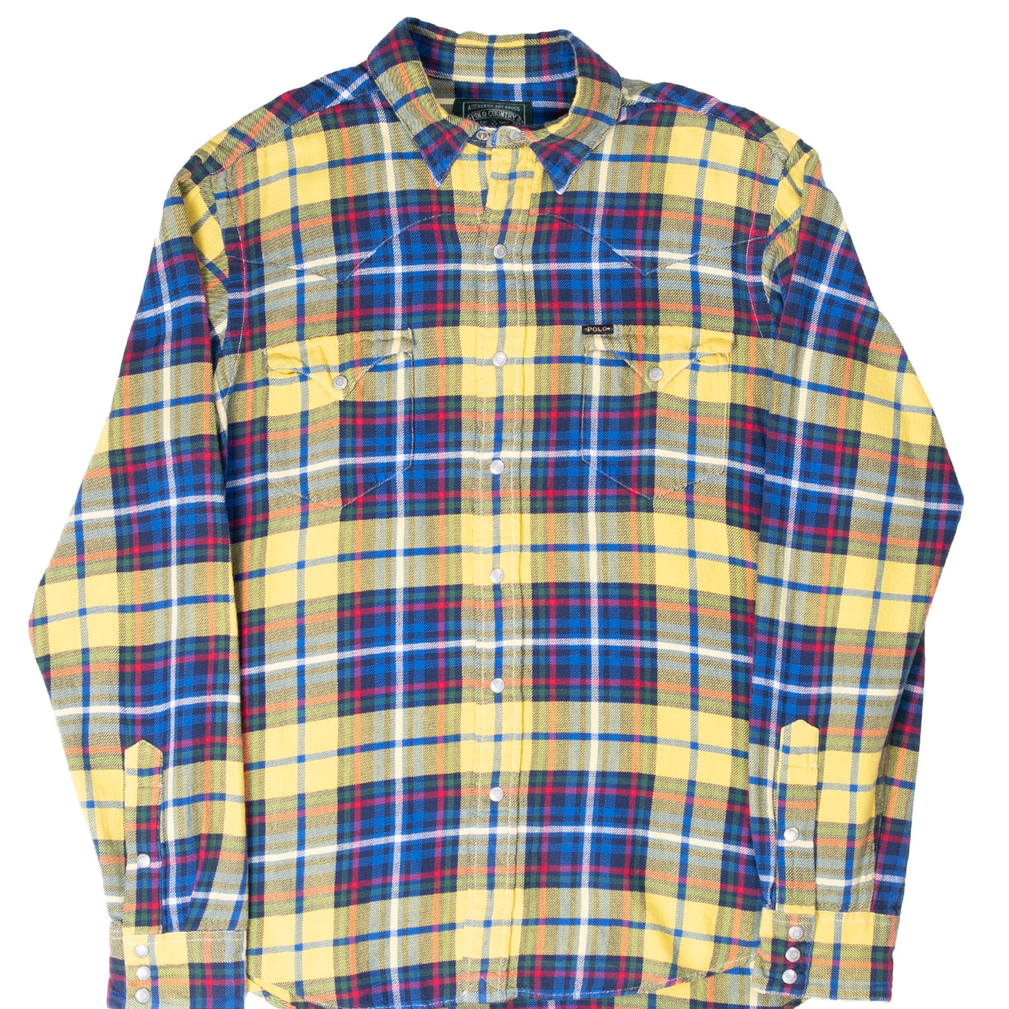 Front of Ralph Lauren Polo Country multicolor plaid flannel shirt with snap pockets