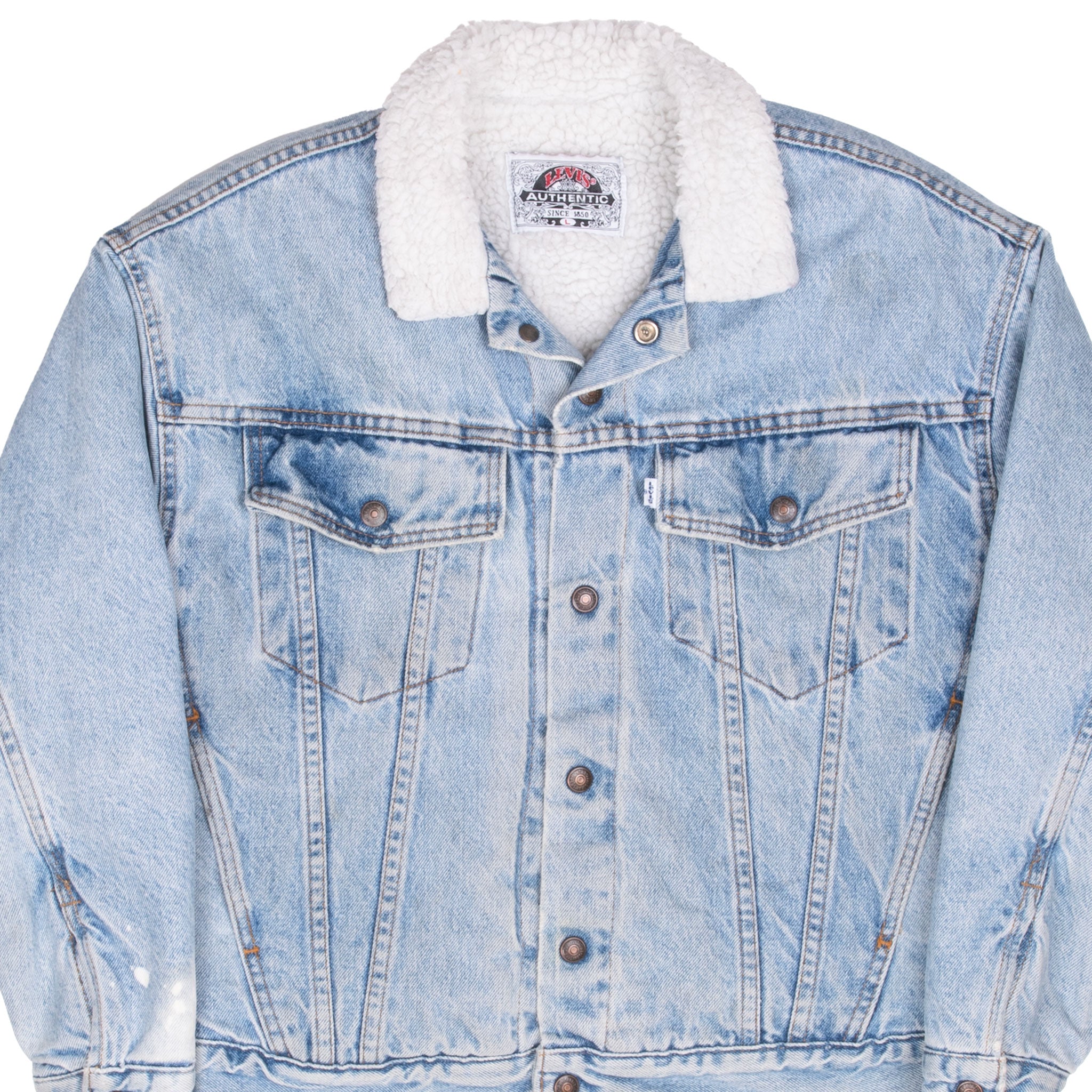 Vintage Levis Sherpa White Tab Trucker Blue Denim Jacket 1990S Size Large Made In Usa