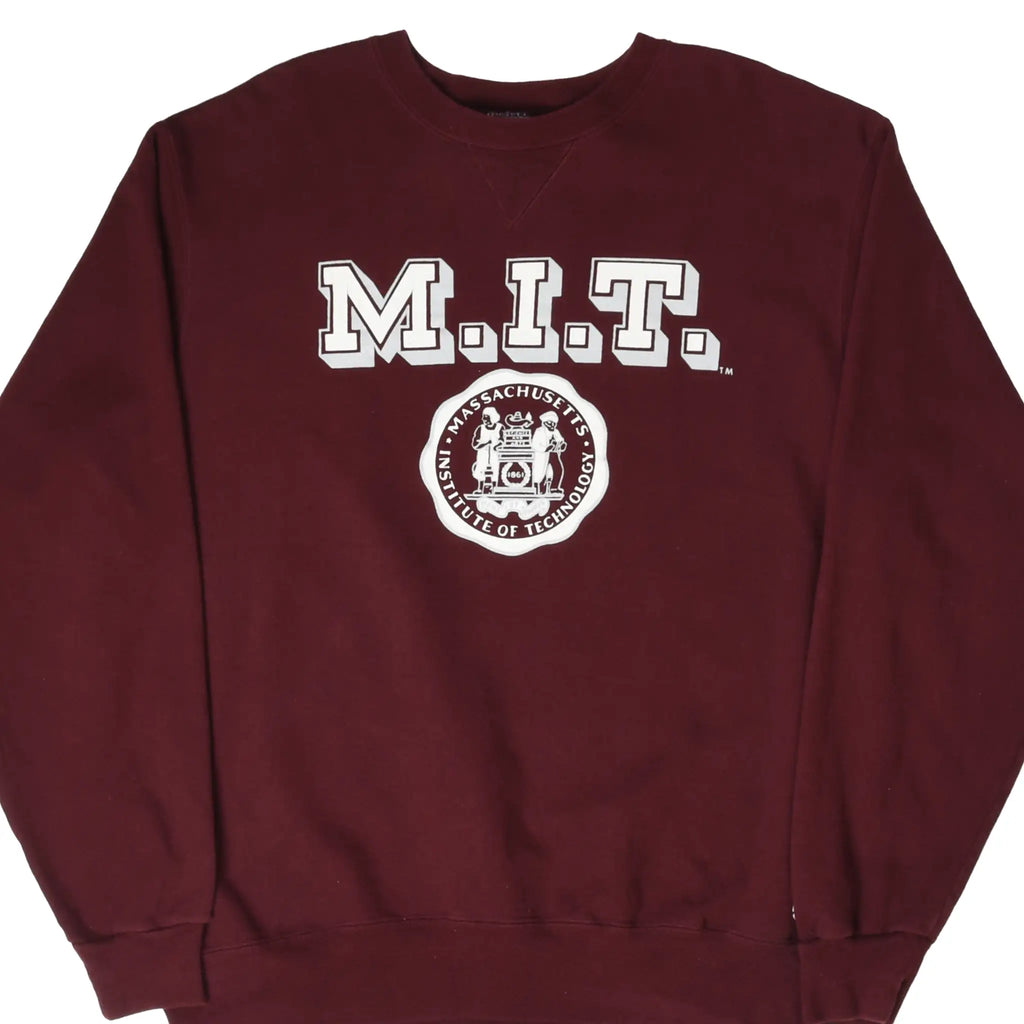 Front of burgundy Champion sweatshirt with white M.I.T. lettering and Massachusetts Institute of Technology seal