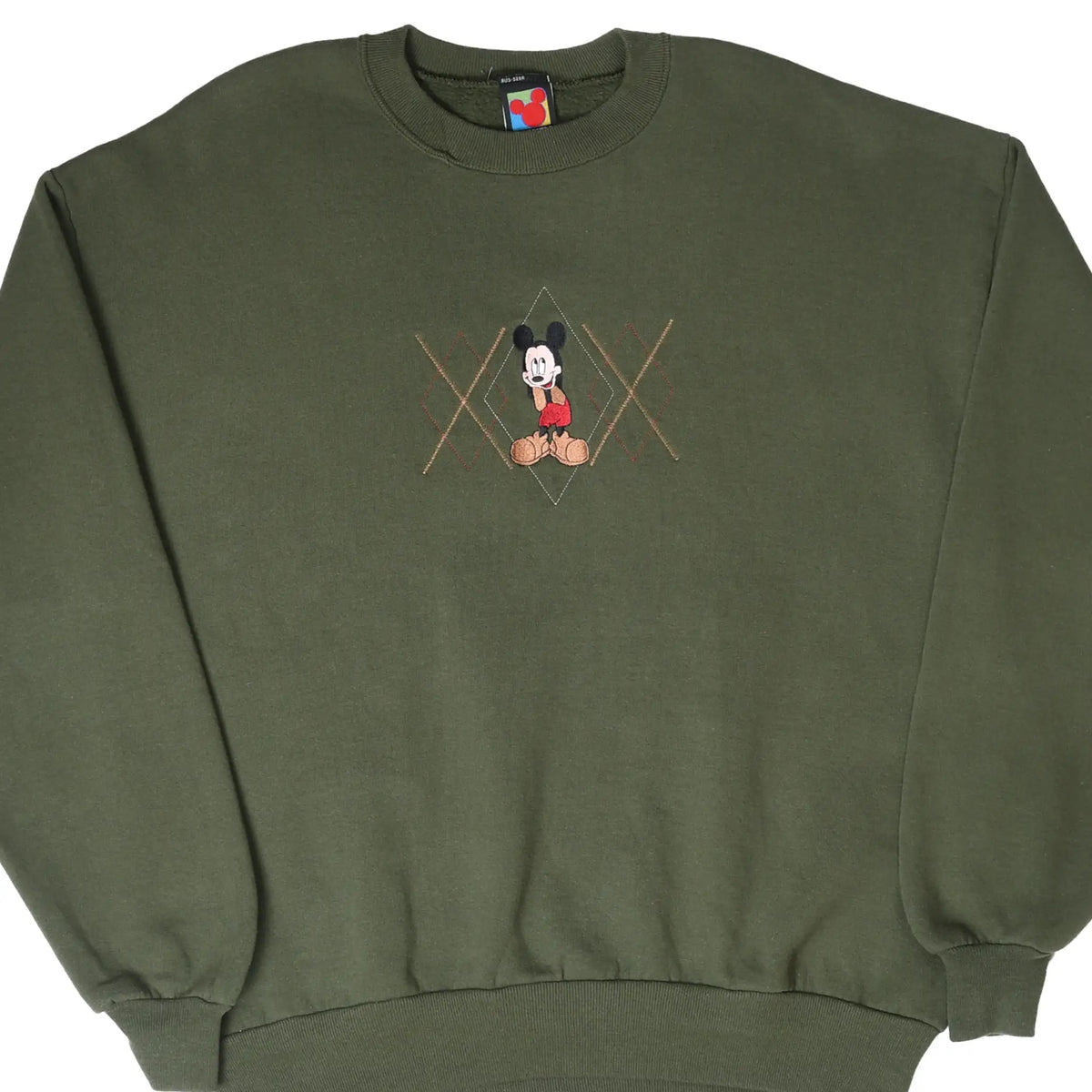 Front view of olive green Disney sweatshirt with small Mickey Mouse argyle embroidery