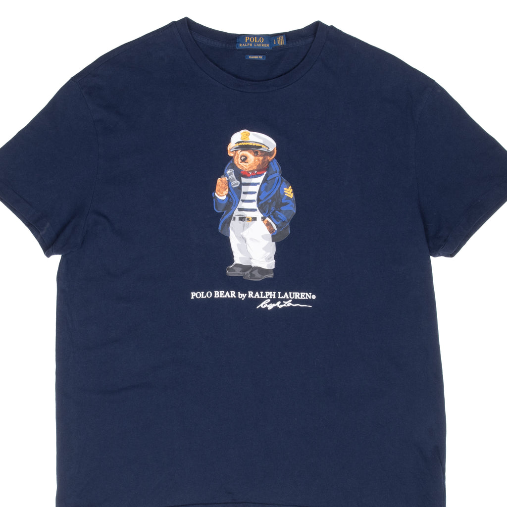 Vintage Ralph Lauren Polo Bear Captain Navy Blue Tee Shirt Large With Single Stitch Sleeves