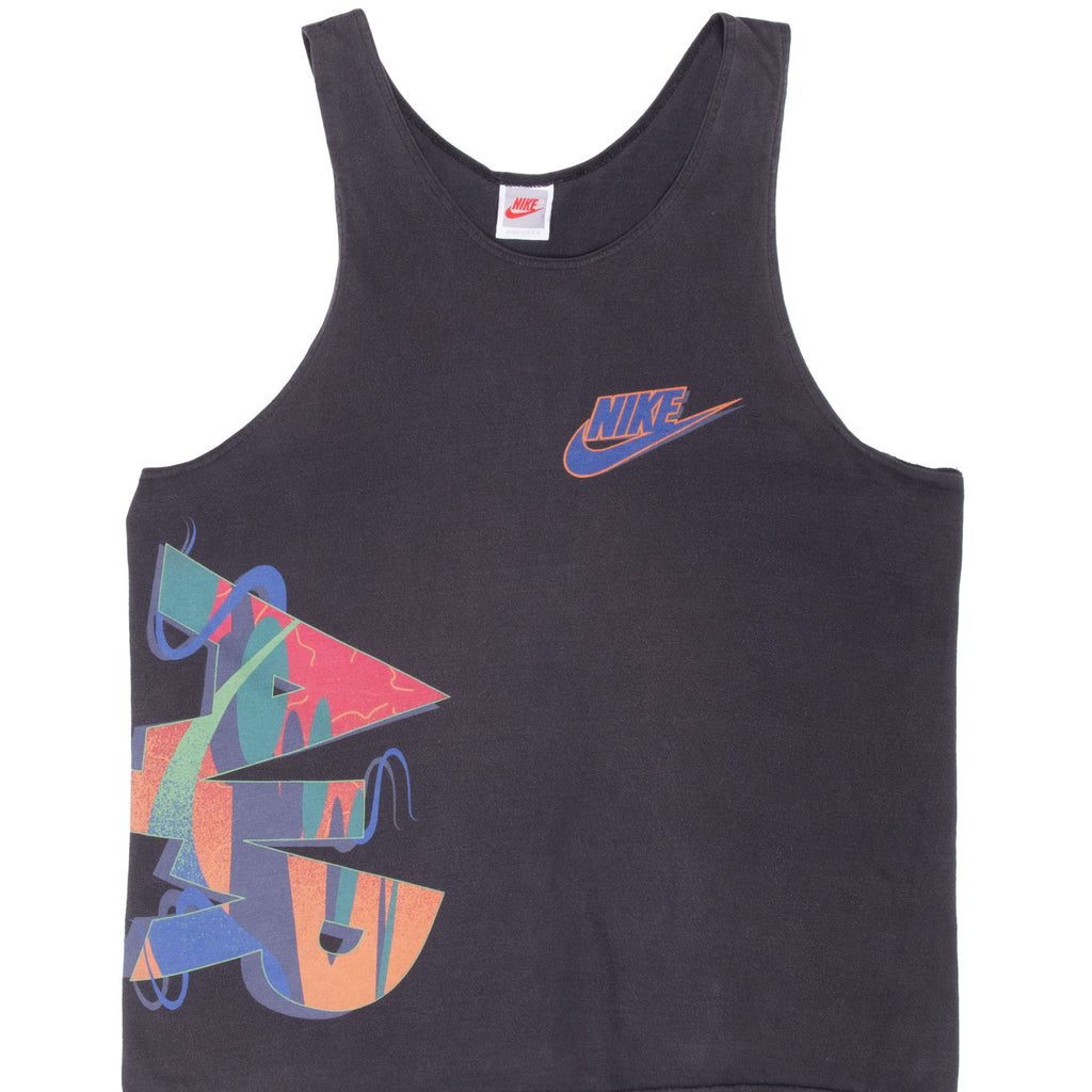 Front of black Nike Air tank top with blue-orange chest logo and multicolor abstract side graphic