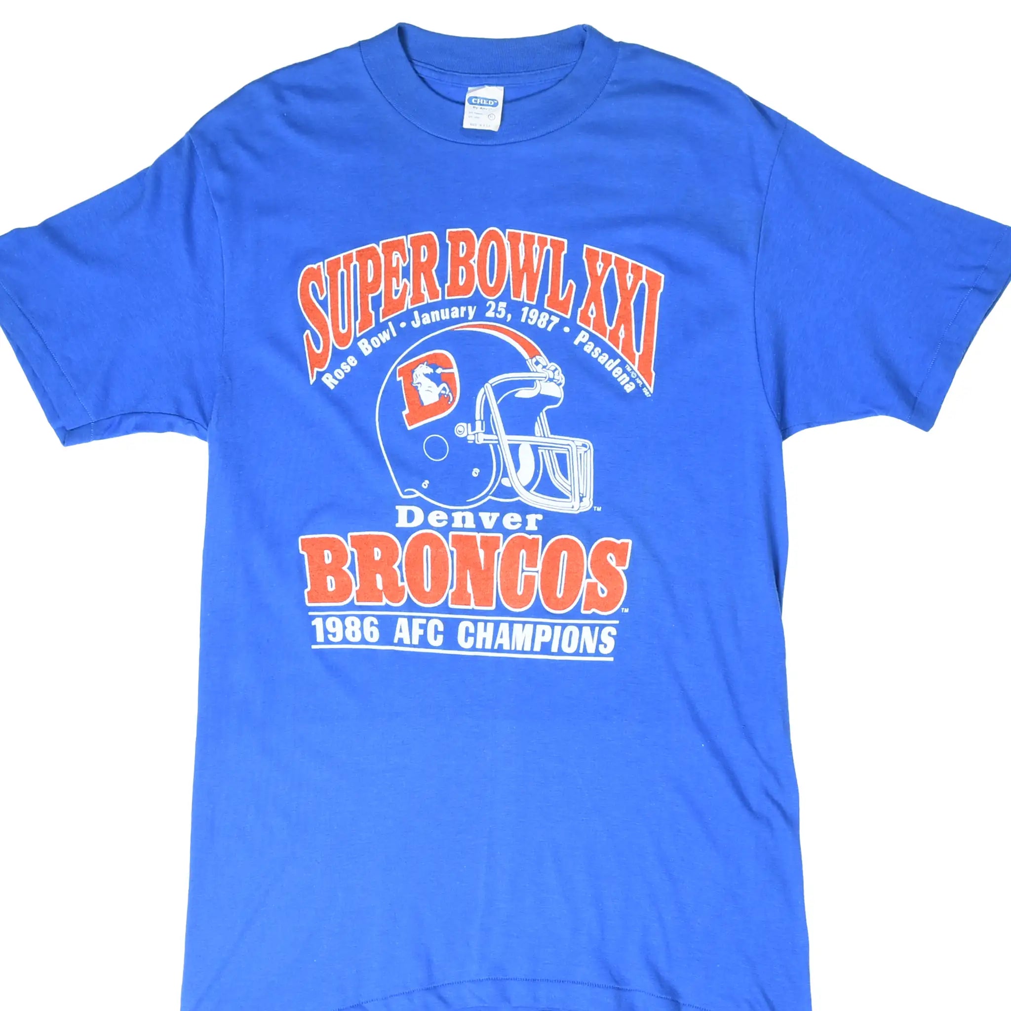 Front of blue Denver Broncos Super Bowl XXI T-shirt with orange and white helmet graphic
