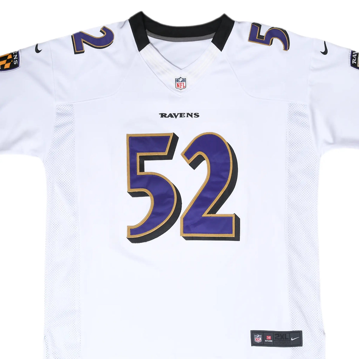 Front close-up of white Nike Baltimore Ravens jersey with purple and gold number 52