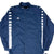 Front of navy Adidas windbreaker with white striped sleeve panels and embroidered chest logo