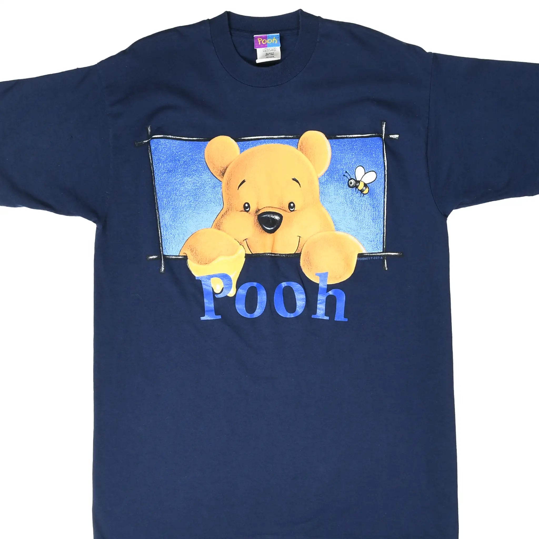 Front of navy Disney Winnie the Pooh T-shirt with Pooh and bee graphic
