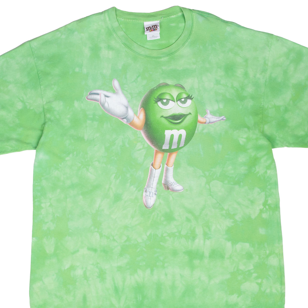 Front upper view of green tie-dye M&M's T-shirt with Green character graphic