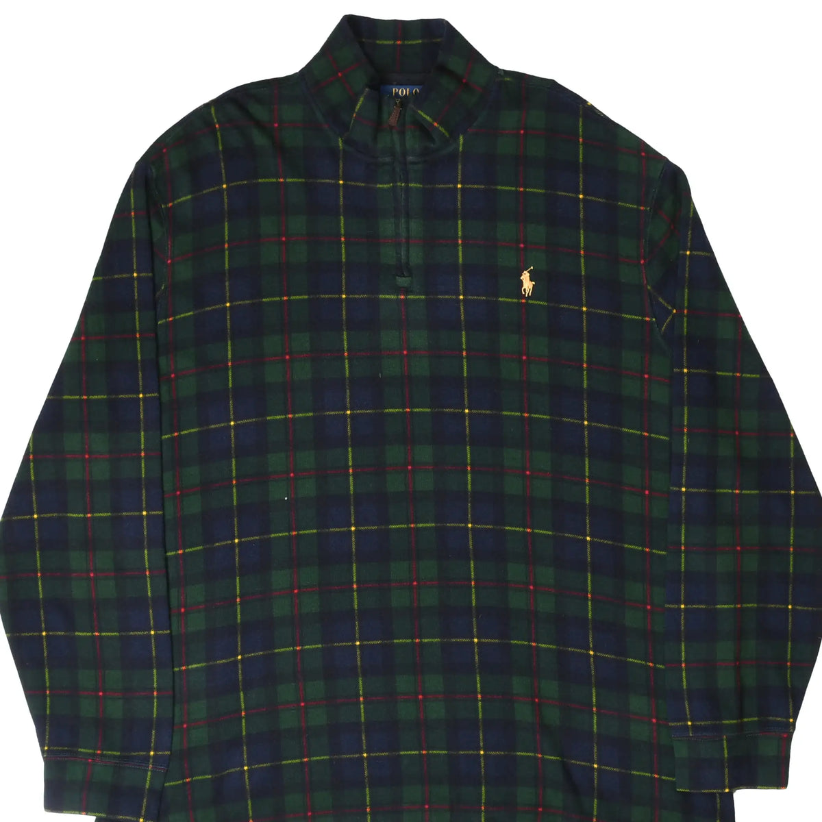 Front of Polo Ralph Lauren quarter-zip sweater in dark green, navy, red and yellow plaid