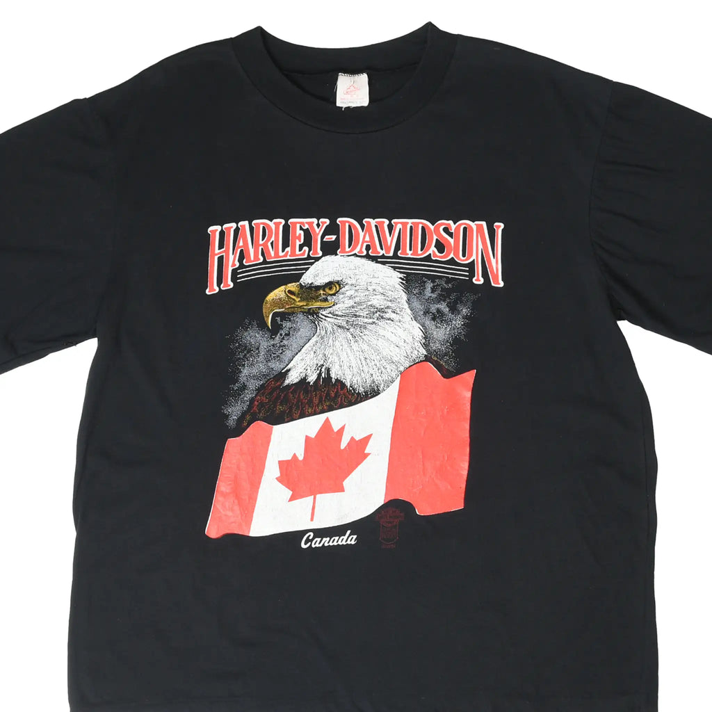 Front detail of black Harley-Davidson T-shirt with bald eagle and Canadian flag graphic
