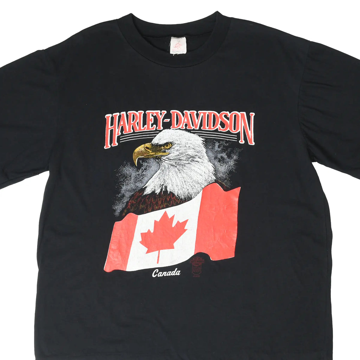 Front detail of black Harley-Davidson T-shirt with bald eagle and Canadian flag graphic
