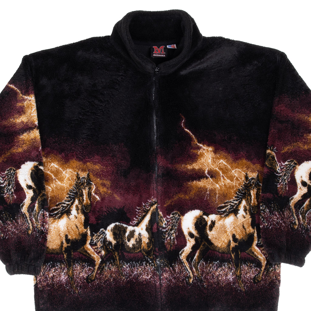 Vintage Animal Print Wild Horses Fleece Jacket 1990S Size Large Made In Usa