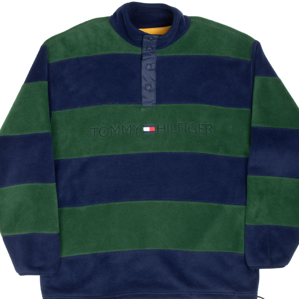 Vintage Tommy Hilfiger Blue Green Stripes Pullover Fleece Jacket 1990S Size Medium