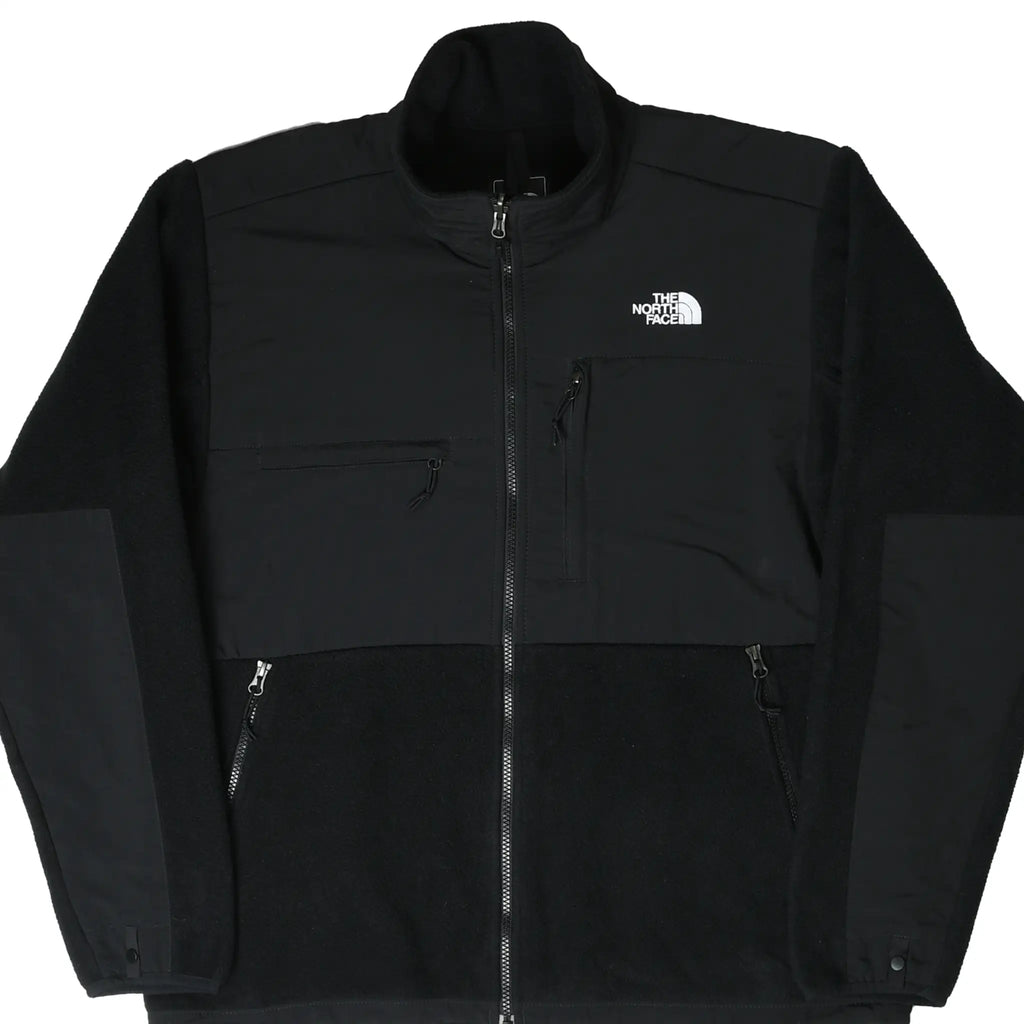 Front of The North Face Denali black fleece jacket with chest logo and zip pockets
