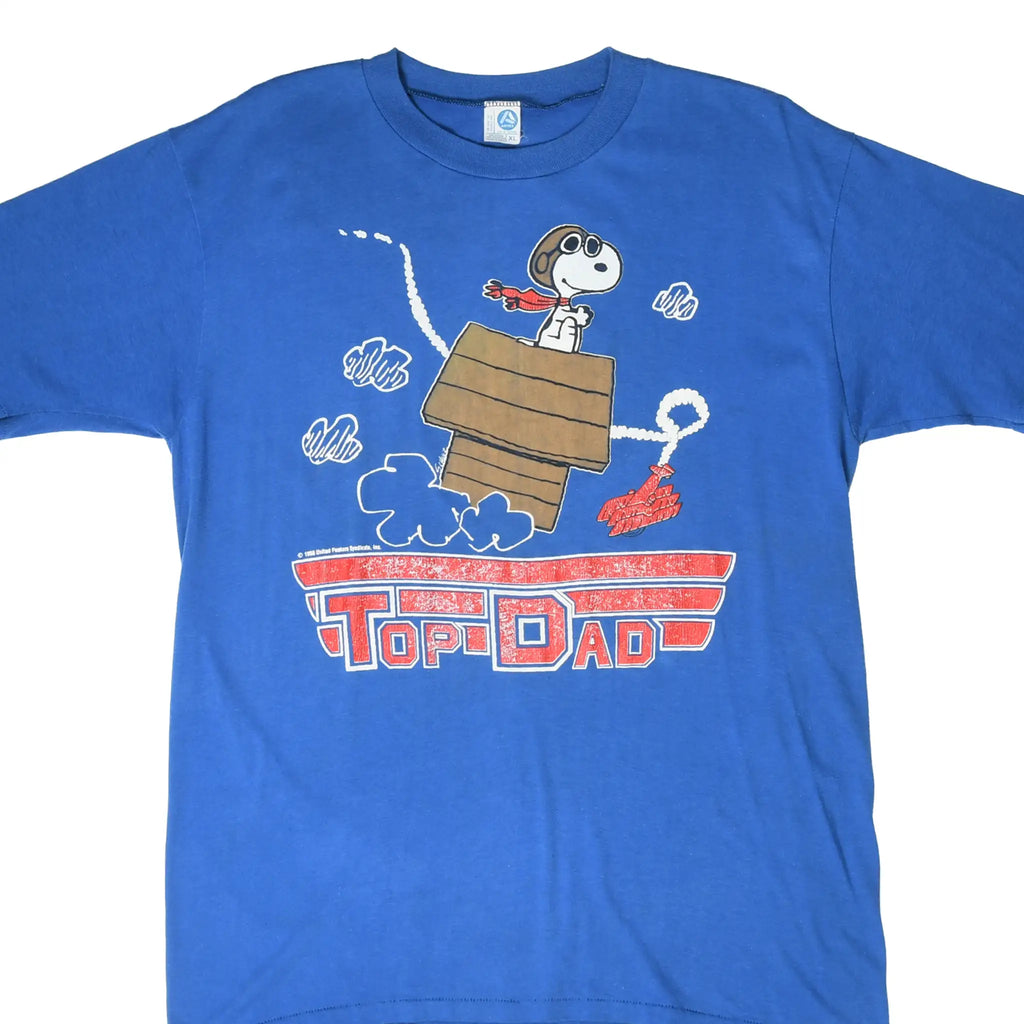 Front of blue Peanuts T-shirt with Snoopy flying ace and red, white and blue Top Dad graphic
