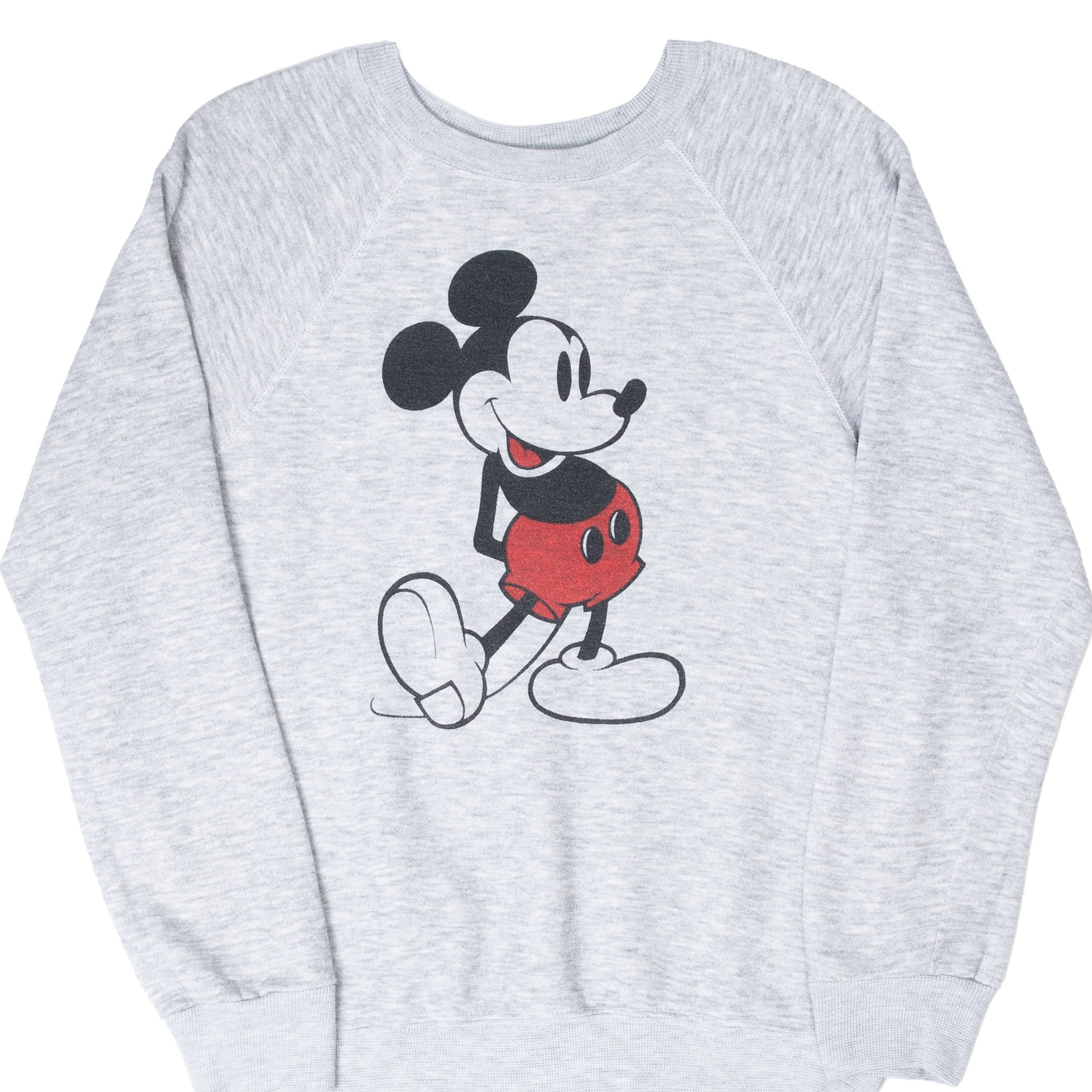 Front of grey Disney crewneck sweatshirt with seated Mickey Mouse graphic