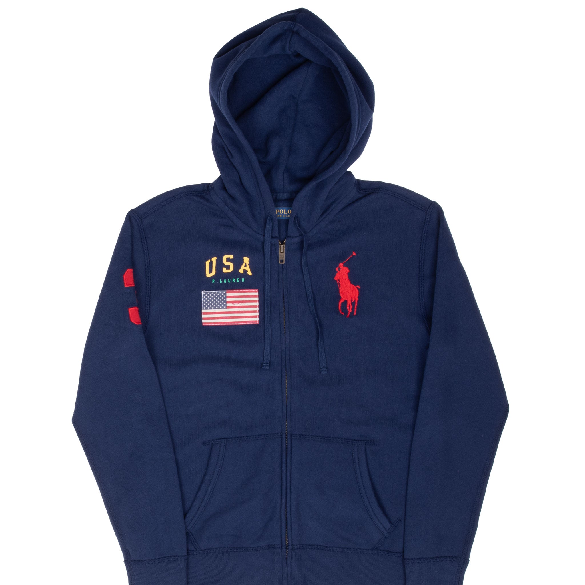 VINTAGE RALPH LAUREN USA BIG HORSE ZIP UP BLUE HOODIE SWEATSHIRT SMALL