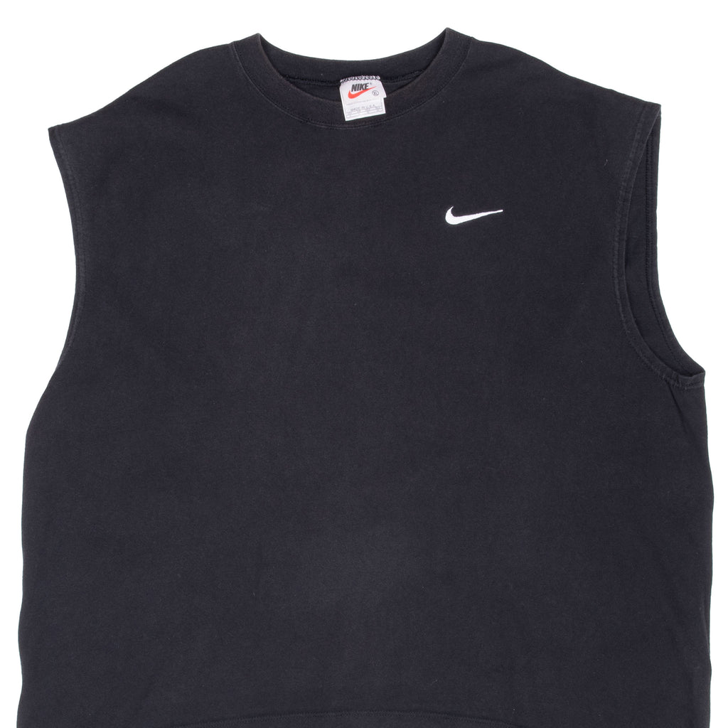 Front upper view of black Nike sleeveless T-shirt with white embroidered Swoosh