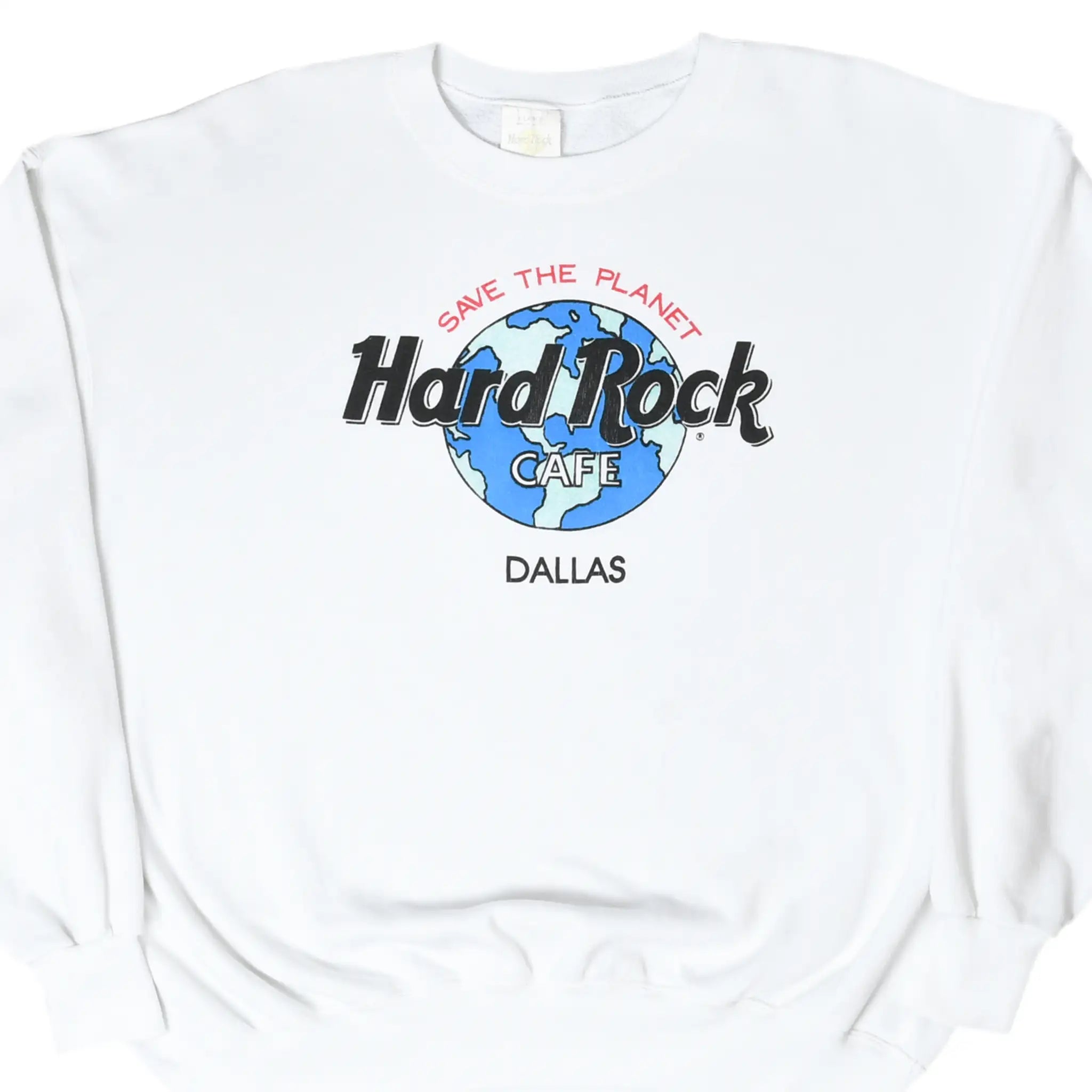 Front of white Hard Rock Cafe Dallas sweatshirt with Save the Planet globe graphic