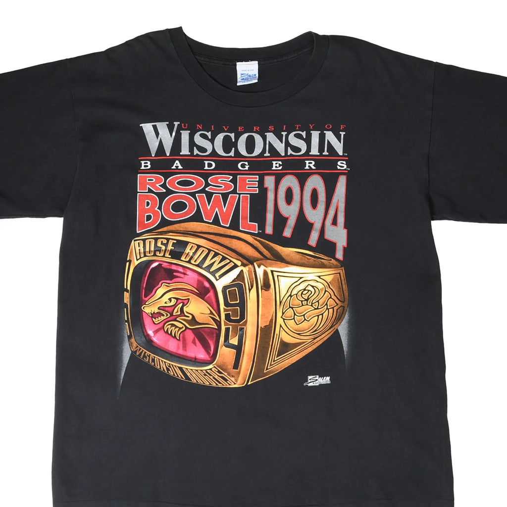 Front of black Wisconsin Badgers 1994 Rose Bowl ring graphic T-shirt