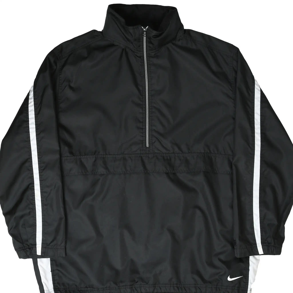 Front of black Nike pullover windbreaker with white sleeve stripes, half zip, and Swoosh embroidery