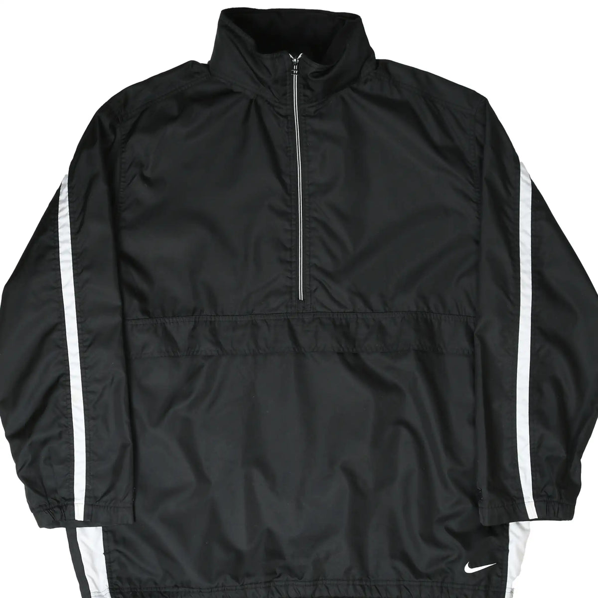 Front of black Nike pullover windbreaker with white sleeve stripes, half zip, and Swoosh embroidery