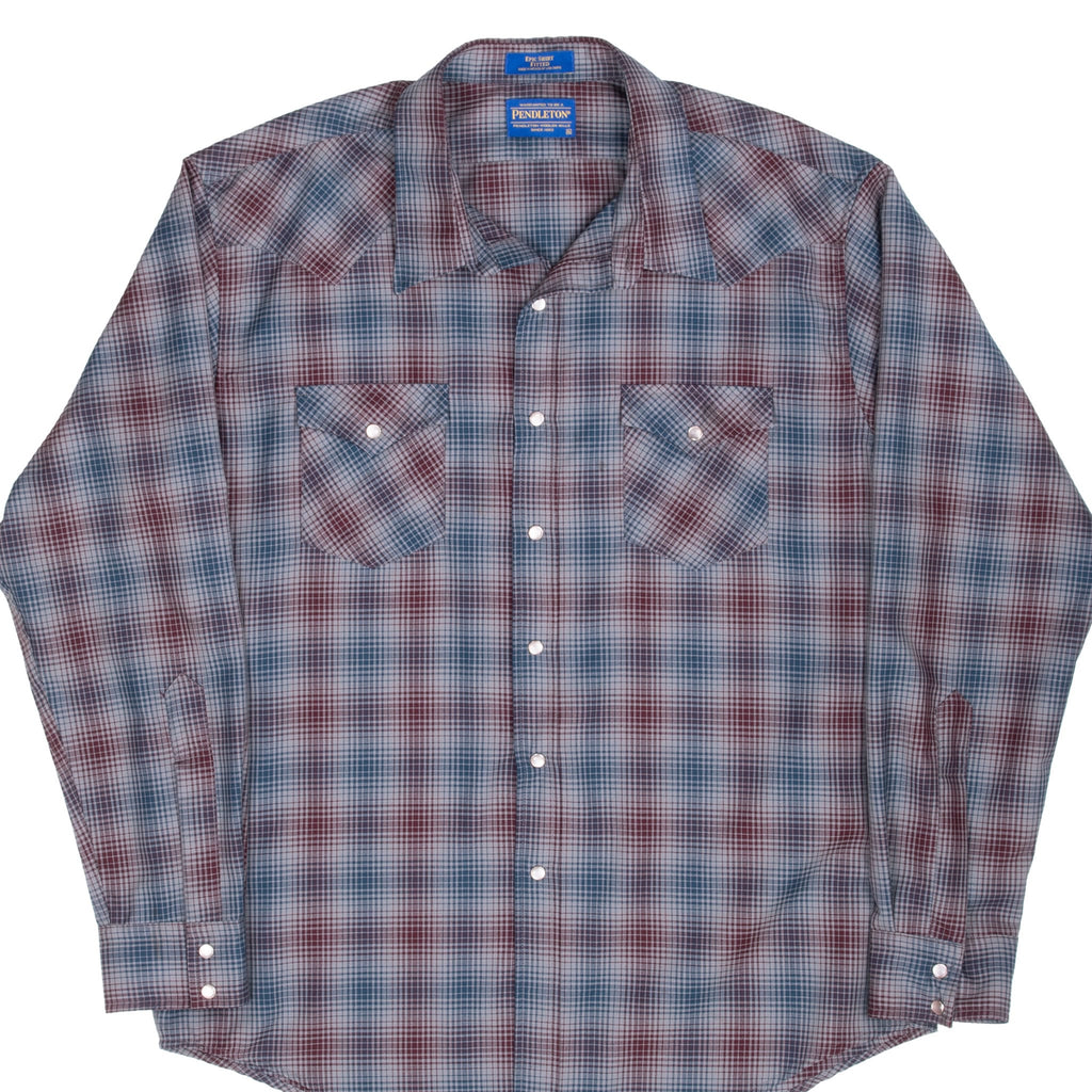 Vintage Pendleton Grey Blue Burgundy Plaid Pearl Buttons Western Wool Shirt 2000S Size Xl